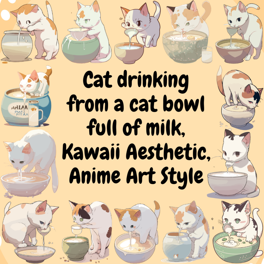 Cat drinking from a cat bowl full of milk, Kawaii Aesthetic, Anime Art Style