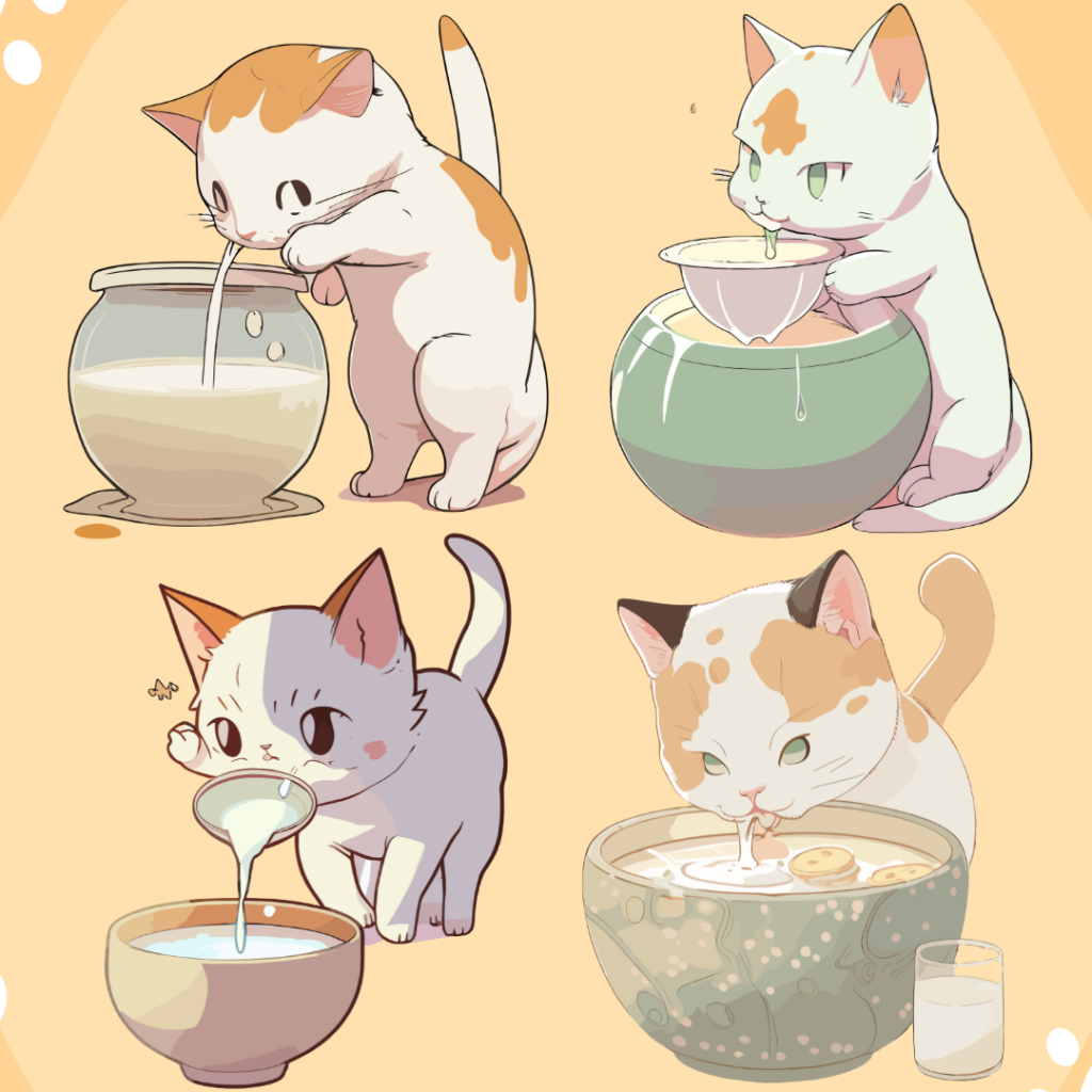 Cat drinking from a cat bowl full of milk, Kawaii Aesthetic, Anime Art Style