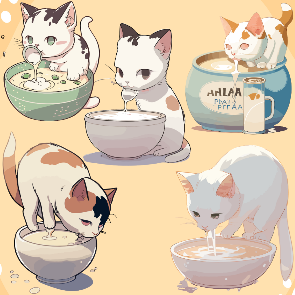 Cat drinking from a cat bowl full of milk, Kawaii Aesthetic, Anime Art Style