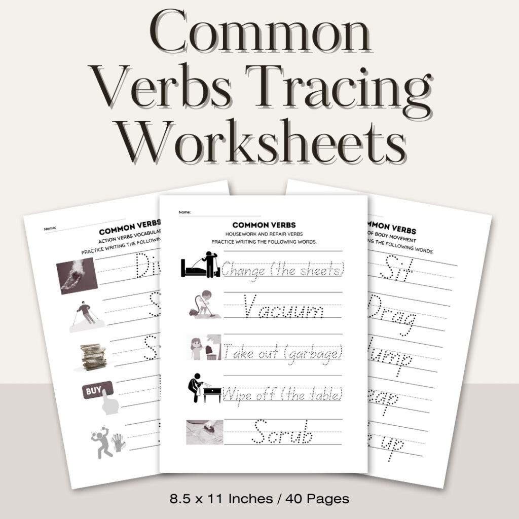 Common Verbs Tracing Worksheets / Editable Canva Template