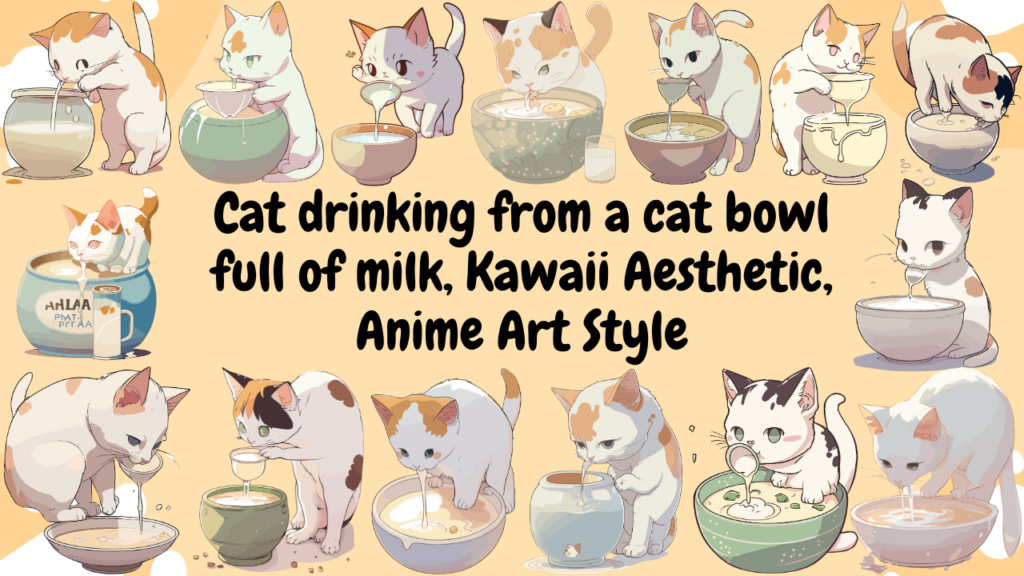 Cat drinking from a cat bowl full of milk, Kawaii Aesthetic, Anime Art Style