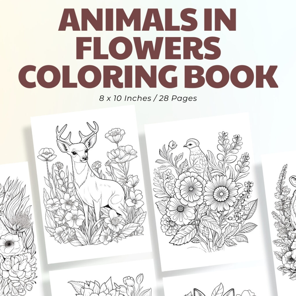 Animals in Flowers Coloring Book / Sheets of Animals in Flowers Clipart