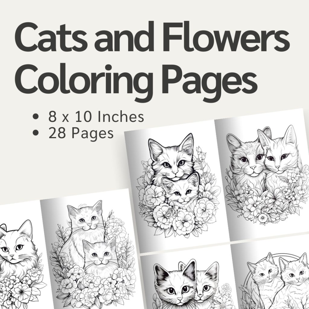 Cats and Flowers Coloring Pages / Sheets of Cats and Flowers Clipart {Coloring Book}