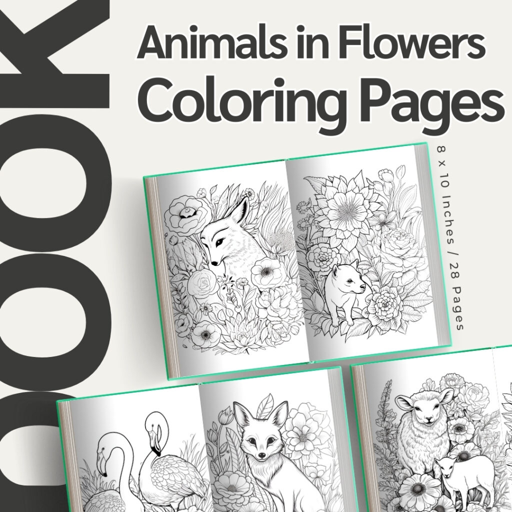 Animals in Flowers Coloring Book / Sheets of Animals in Flowers Clipart