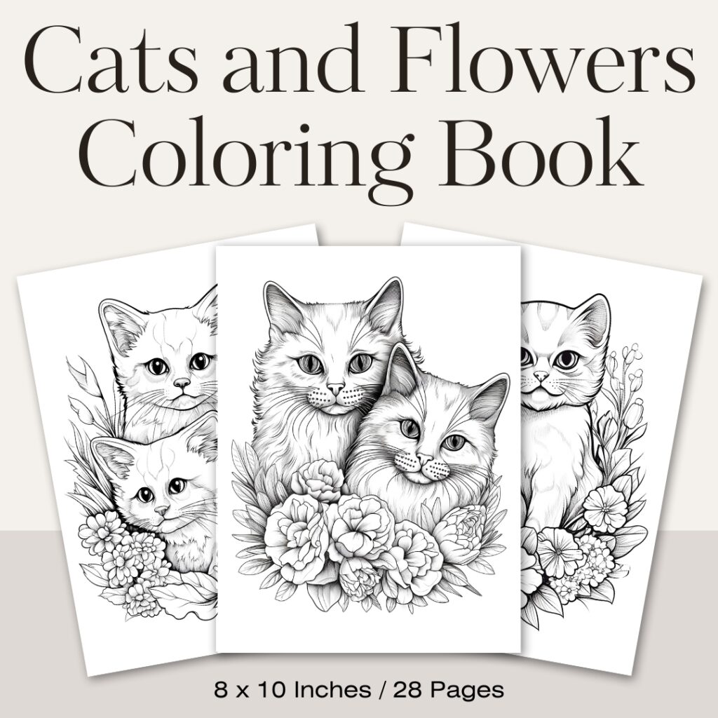 Cats and Flowers Coloring Pages / Sheets of Cats and Flowers Clipart {Coloring Book}