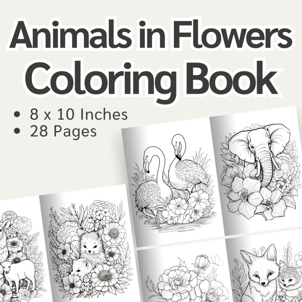 Animals in Flowers Coloring Book / Sheets of Animals in Flowers Clipart