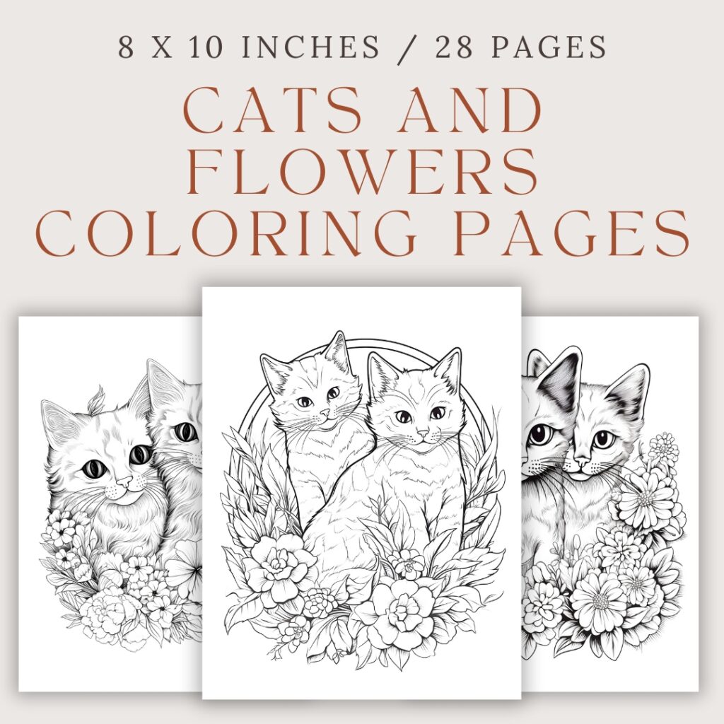 Cats and Flowers Coloring Pages / Sheets of Cats and Flowers Clipart {Coloring Book}