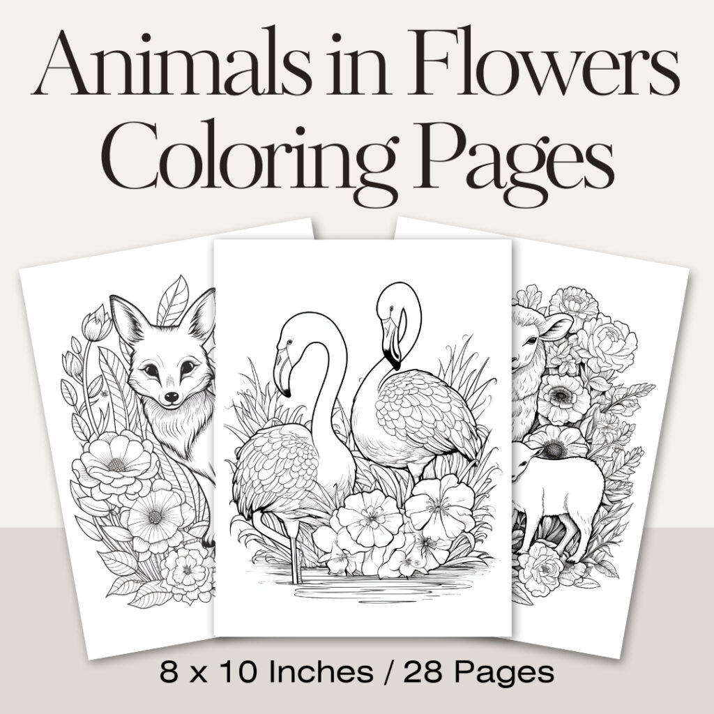 Animals in Flowers Coloring Book / Sheets of Animals in Flowers Clipart