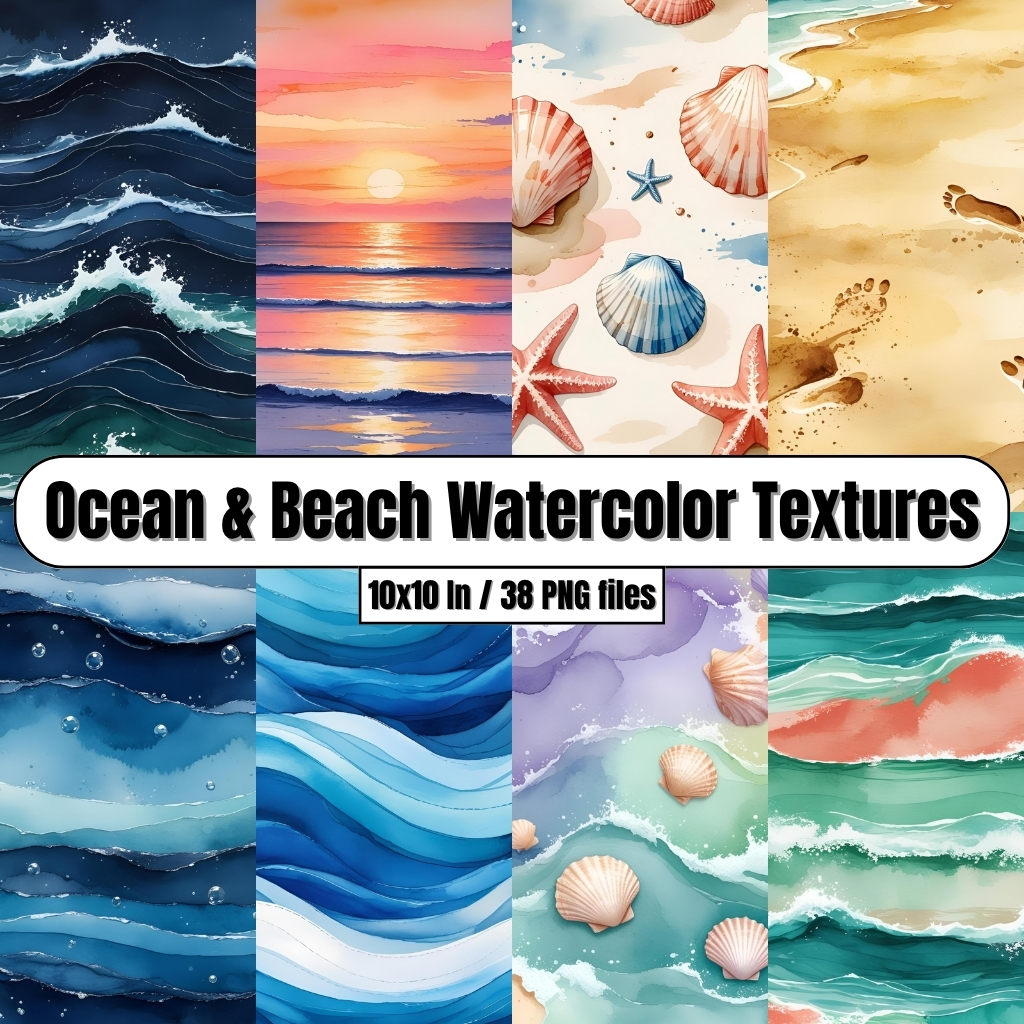 Ocean & Beach Watercolor Textures - Digital Paper Clip Art
