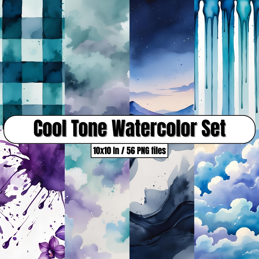 Cool Tone Watercolor Set (blue, teal, purple) - Digital Paper Clip Art