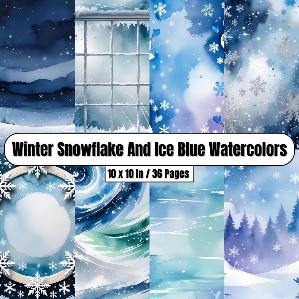 Winter Snowflake and Ice Blue Watercolors - Digital Paper Clip Art