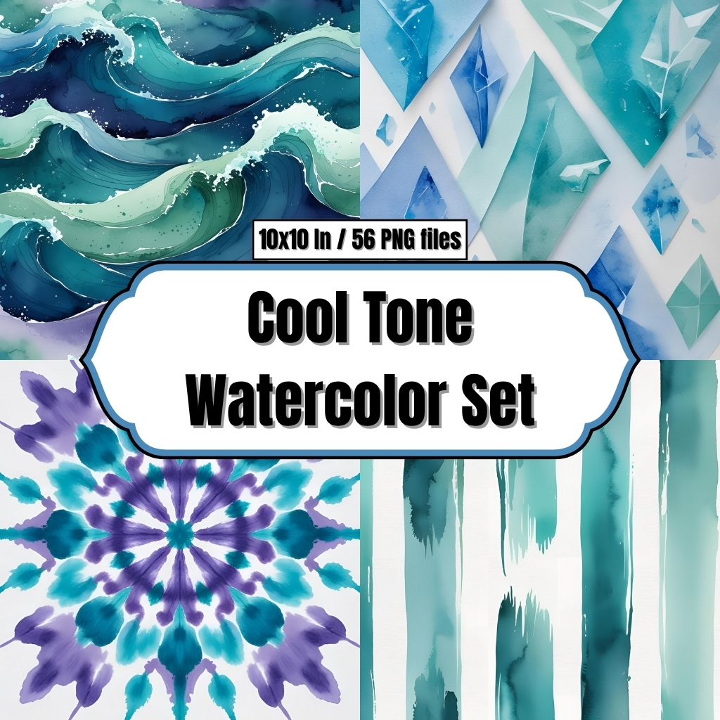 Cool Tone Watercolor Set (blue, teal, purple) - Digital Paper Clip Art
