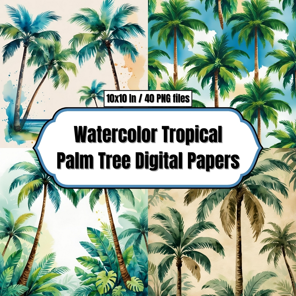 Watercolor Tropical Palm Tree Digital Papers - Digital Paper Clip Art