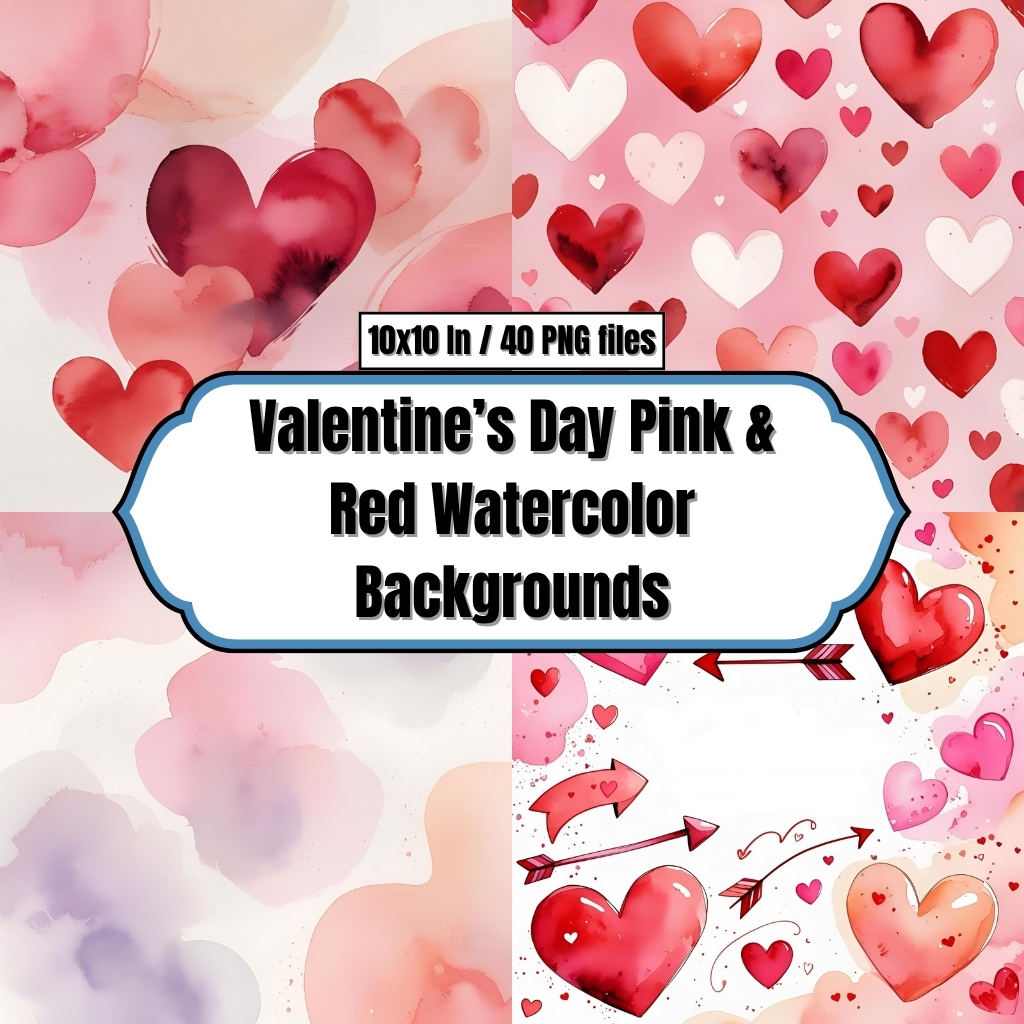 Valentine’s Day Pink And Red Watercolor Backgrounds - Digital Paper Clip Art