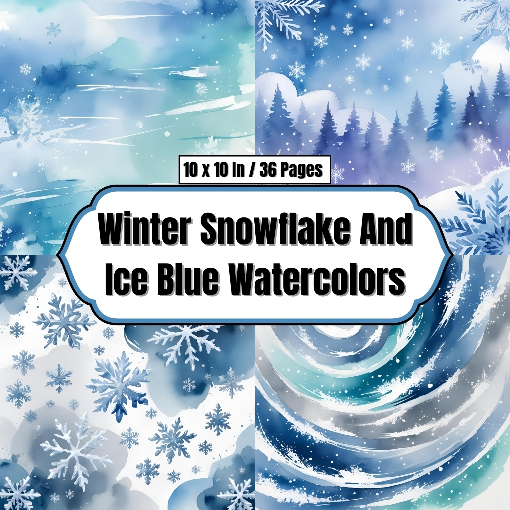 Winter Snowflake and Ice Blue Watercolors - Digital Paper Clip Art