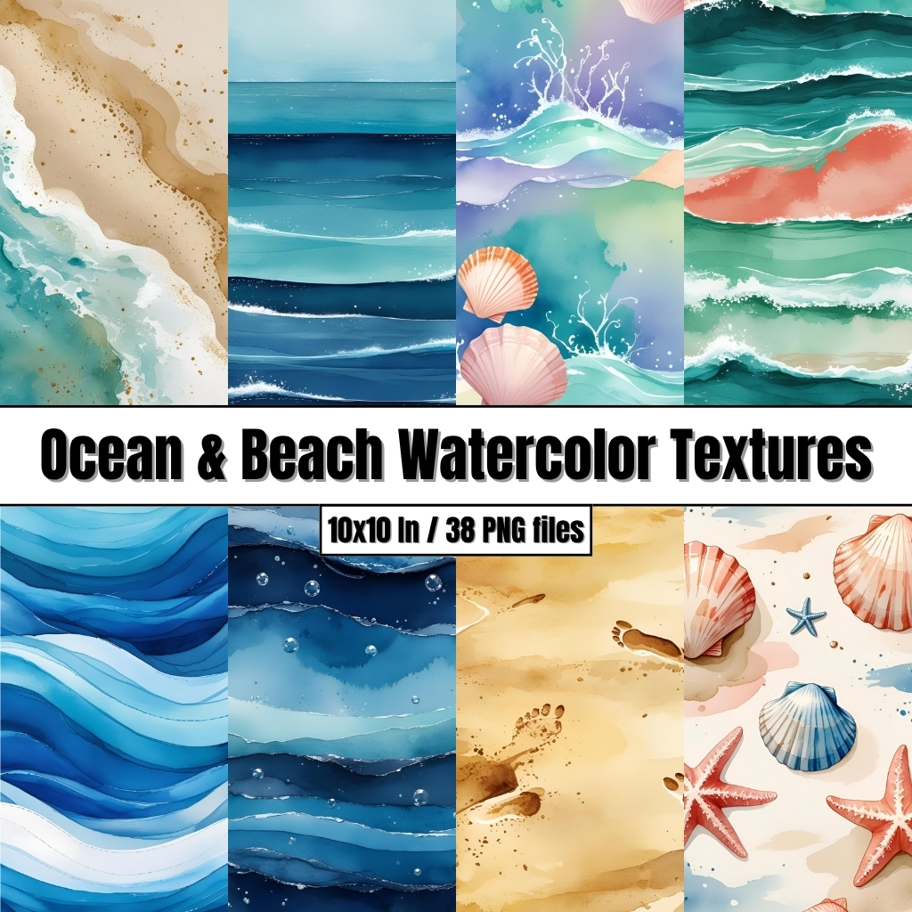 Ocean & Beach Watercolor Textures - Digital Paper Clip Art