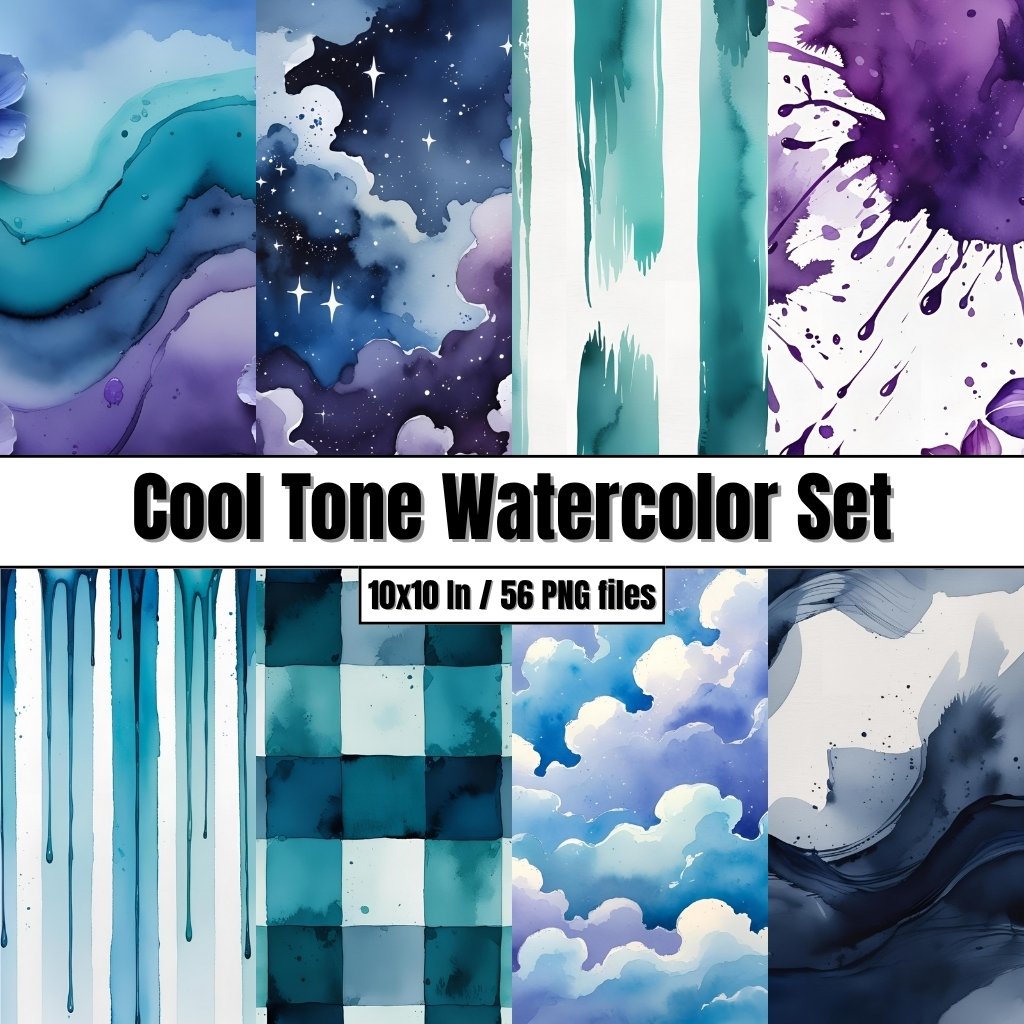 Cool Tone Watercolor Set (blue, teal, purple) - Digital Paper Clip Art