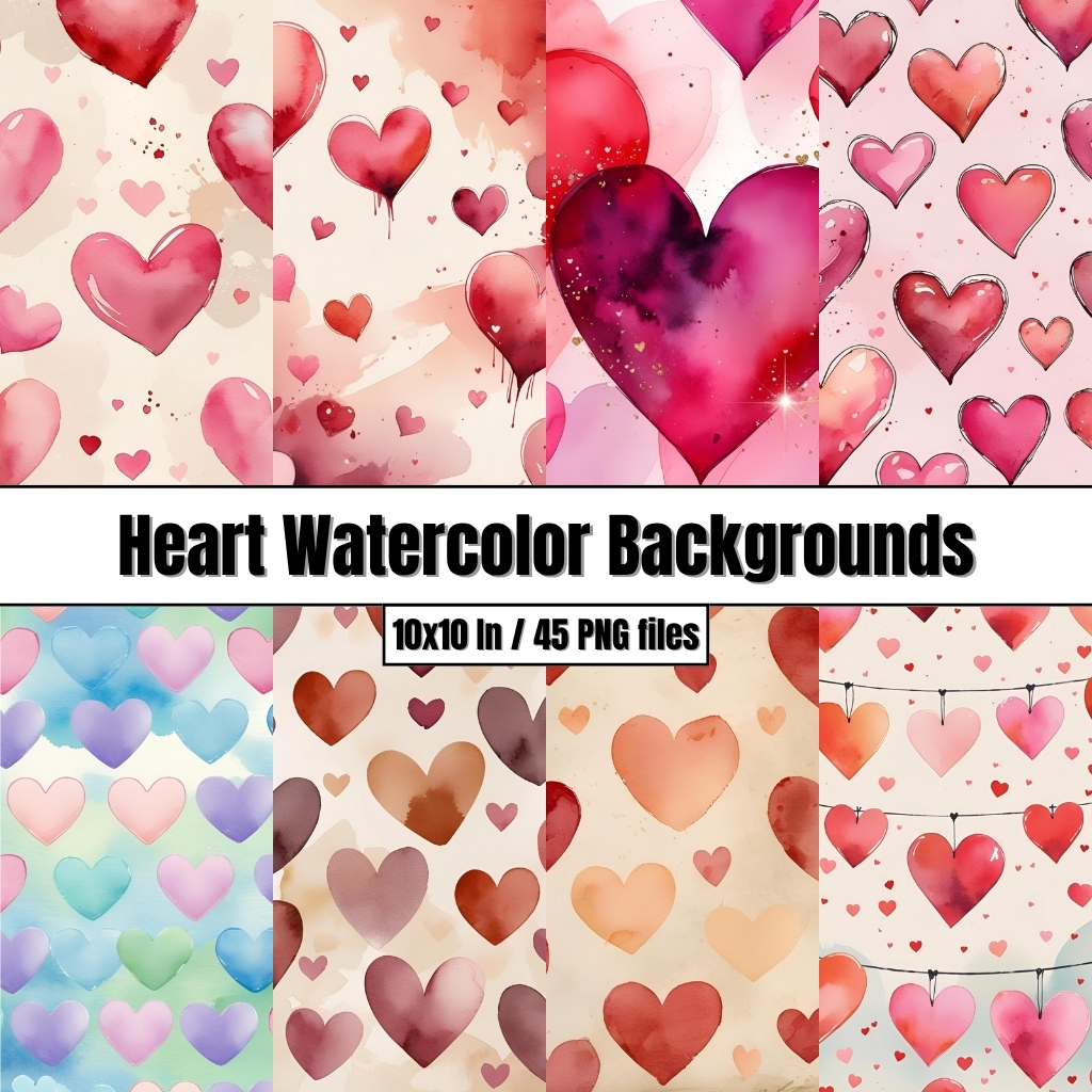 Heart Watercolor Backgrounds - Digital Paper Clip Art