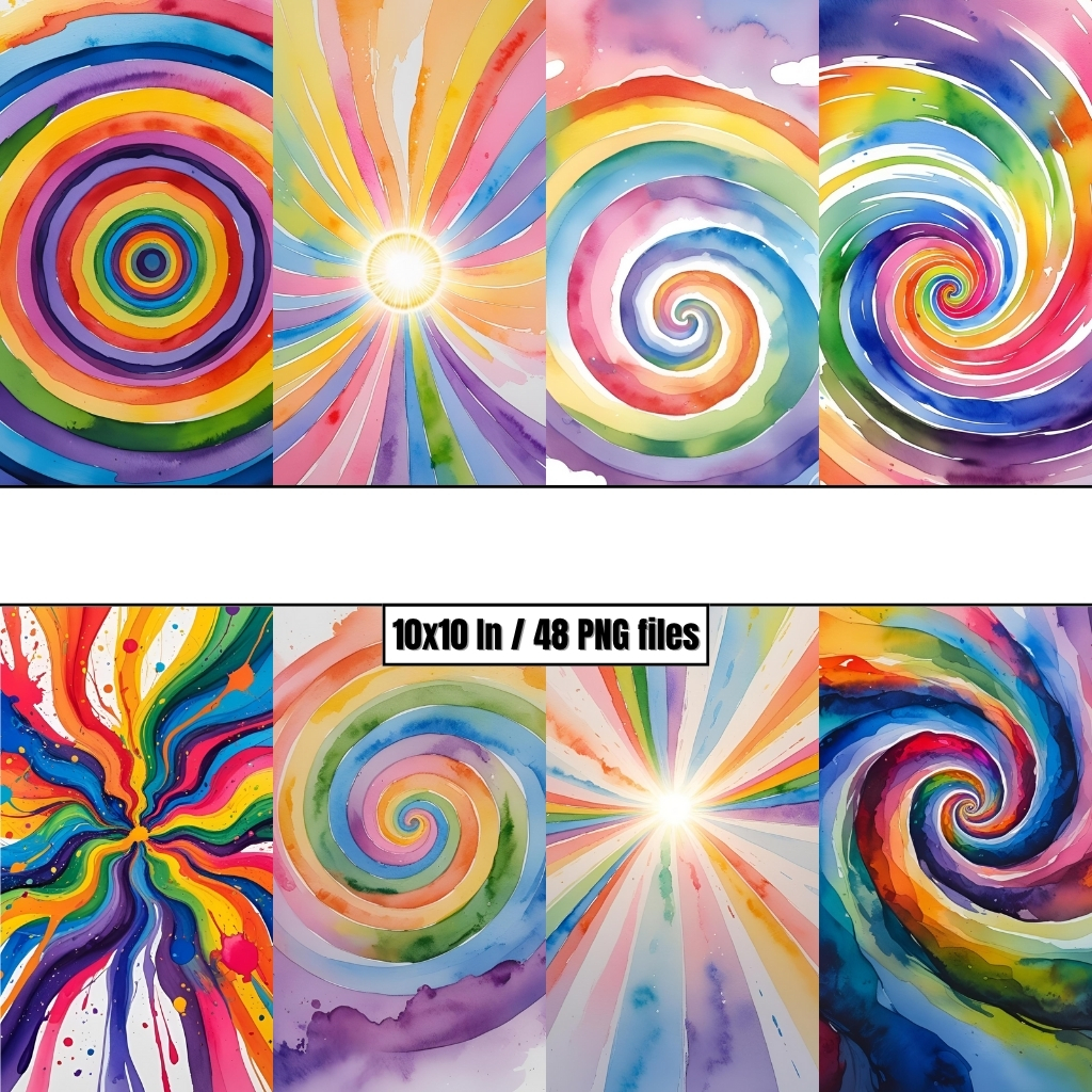 Handpainted Watercolor Rainbow Vortex Zoom - Digital Paper Clip Art