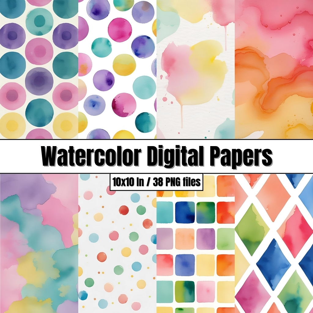 Watercolor Digital Papers - Bright Watercolour Backgrounds Painted Clip Art