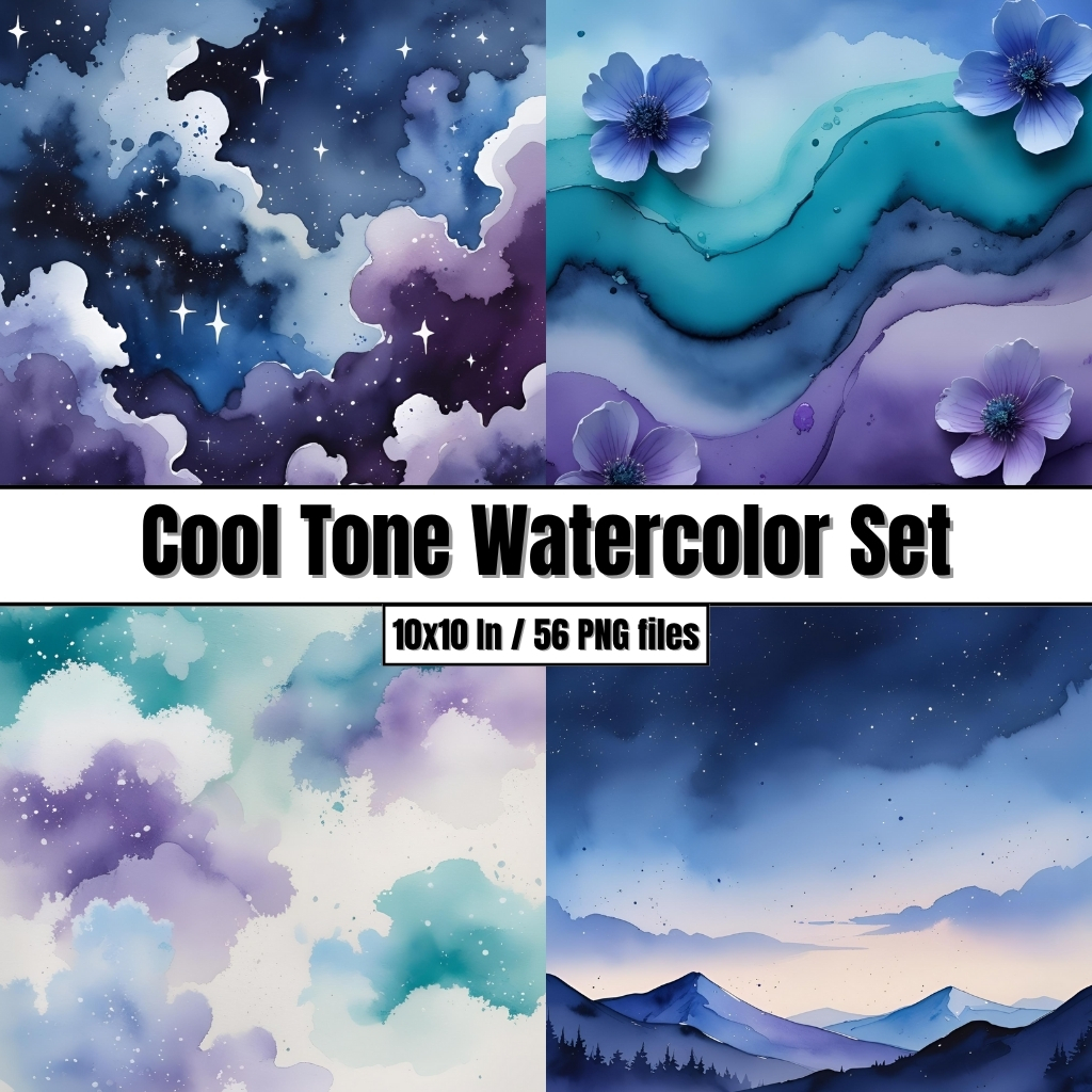 Cool Tone Watercolor Set (blue, teal, purple) - Digital Paper Clip Art