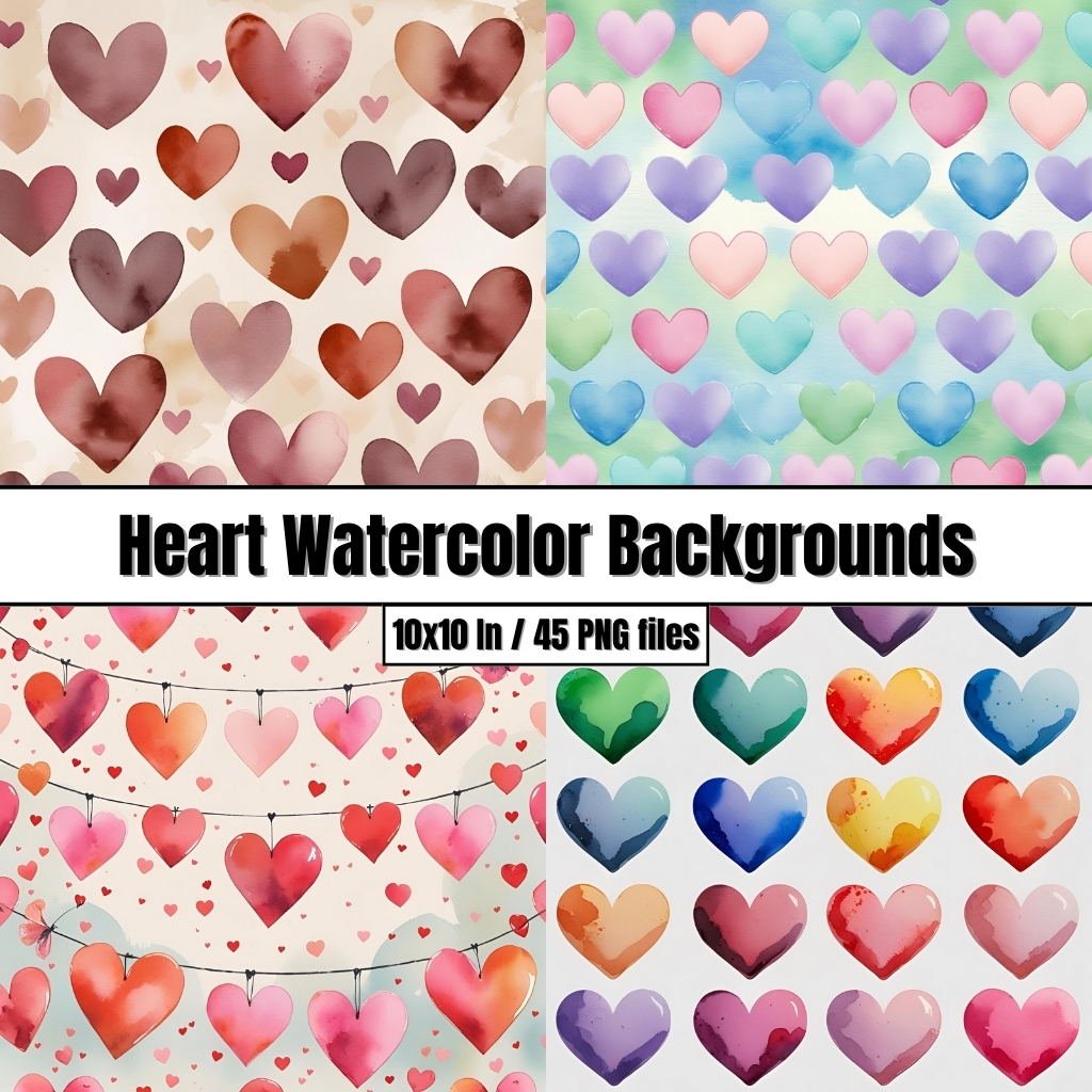Heart Watercolor Backgrounds - Digital Paper Clip Art