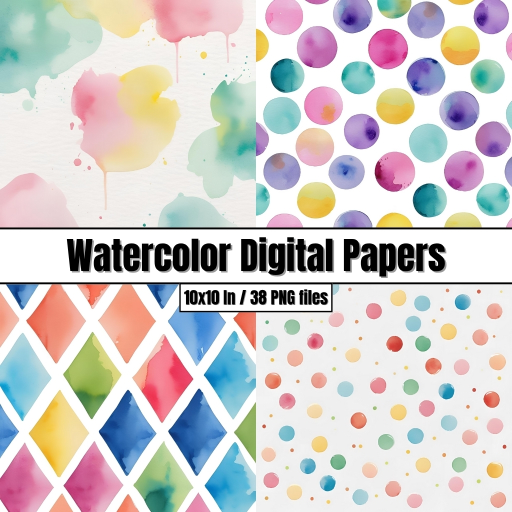 Watercolor Digital Papers - Bright Watercolour Backgrounds Painted Clip Art