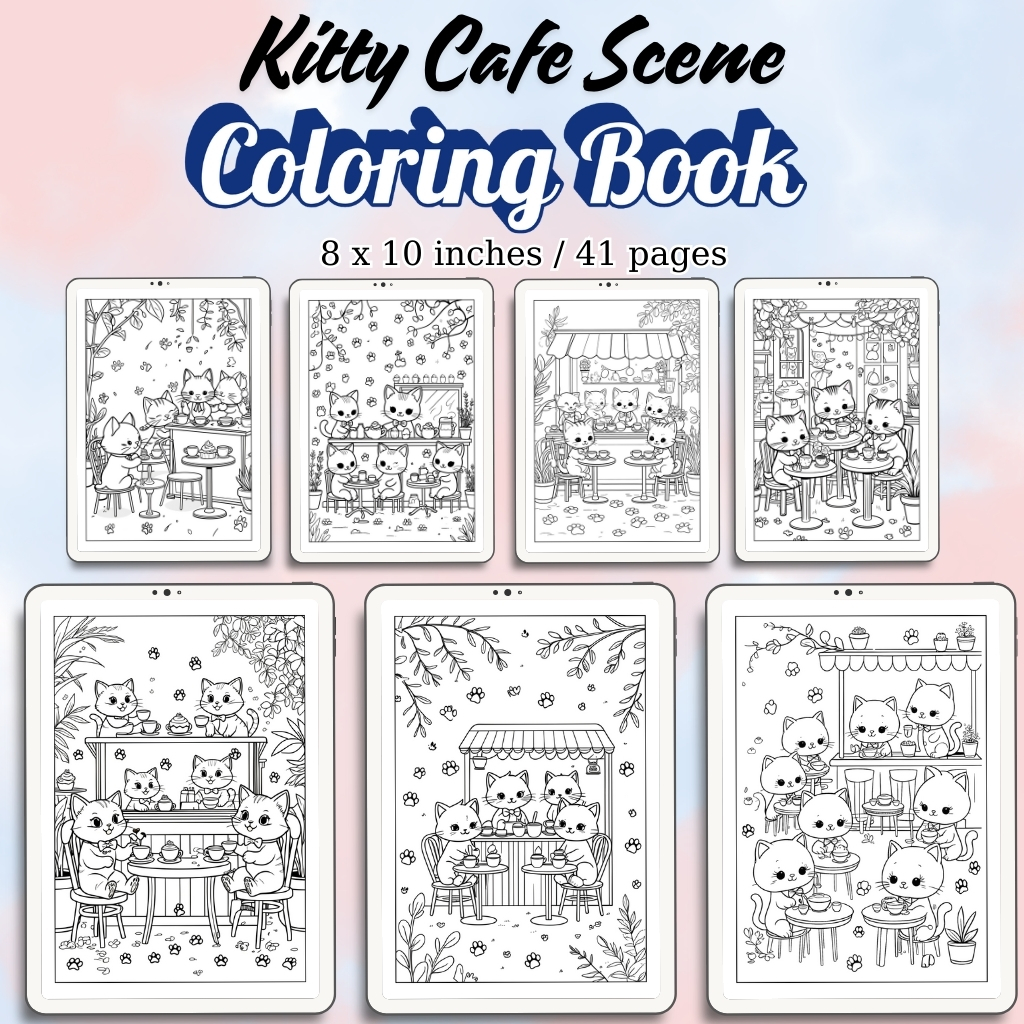 Kitty Cafe Scene Coloring Pages / Sheets of Kitty Cafe Scene {Coloring Book}