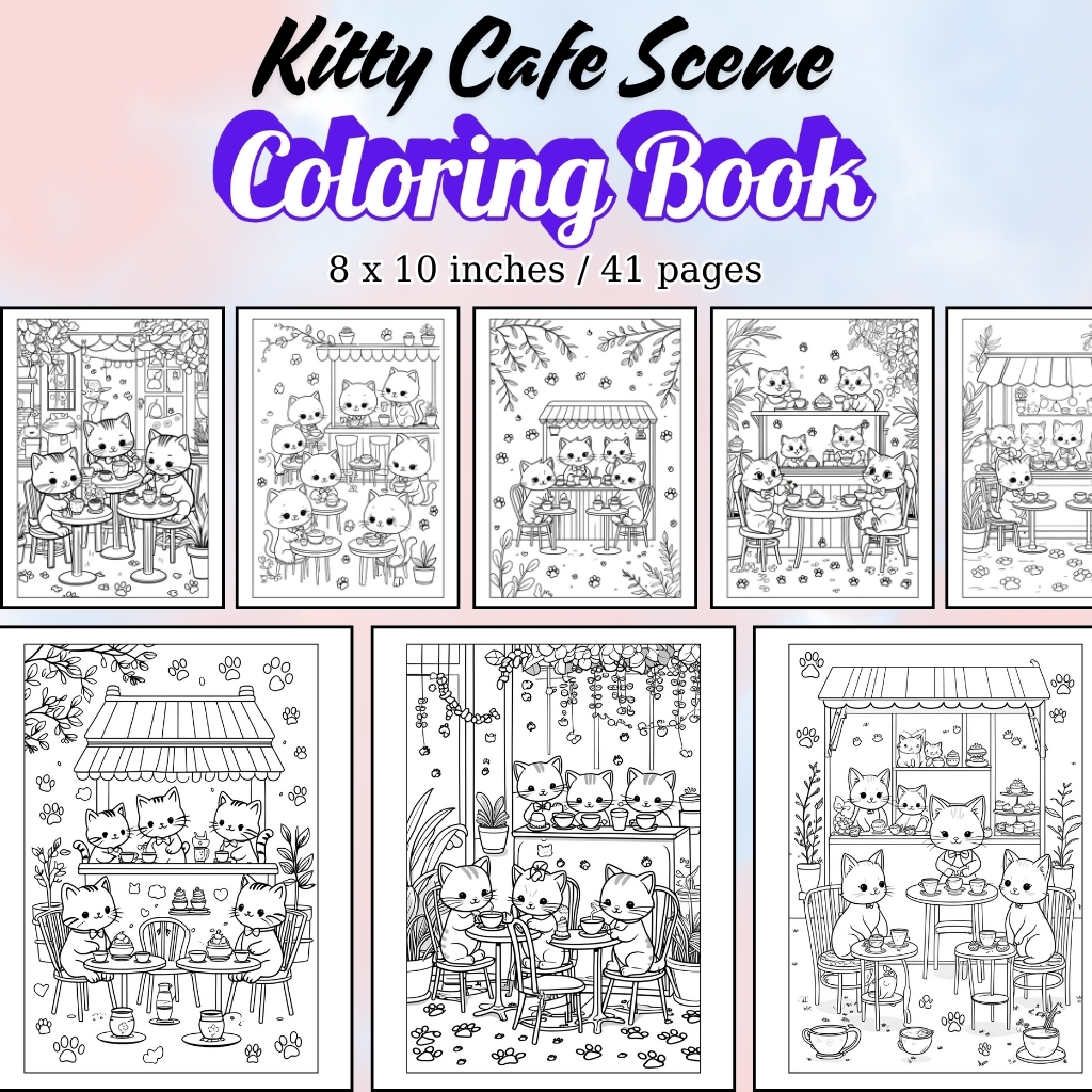 Kitty Cafe Scene Coloring Pages / Sheets of Kitty Cafe Scene {Coloring Book}
