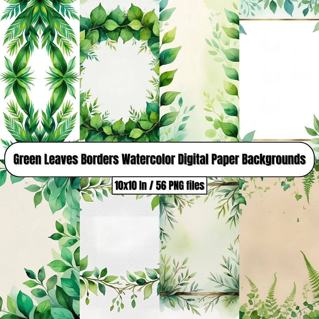 Green Leaves Borders — Watercolor Digital Paper Backgrounds