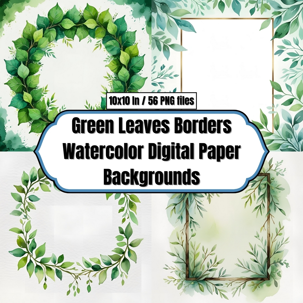 Green Leaves Borders — Watercolor Digital Paper Backgrounds