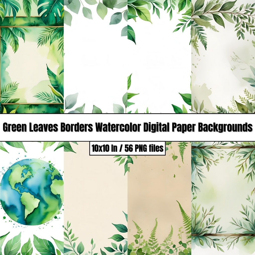 Green Leaves Borders — Watercolor Digital Paper Backgrounds