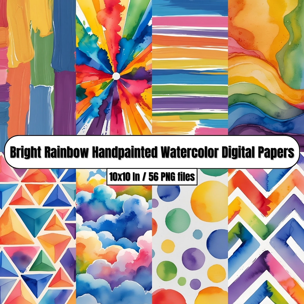 Bright Rainbow Handpainted Watercolor Digital Papers – Digital Clip Art