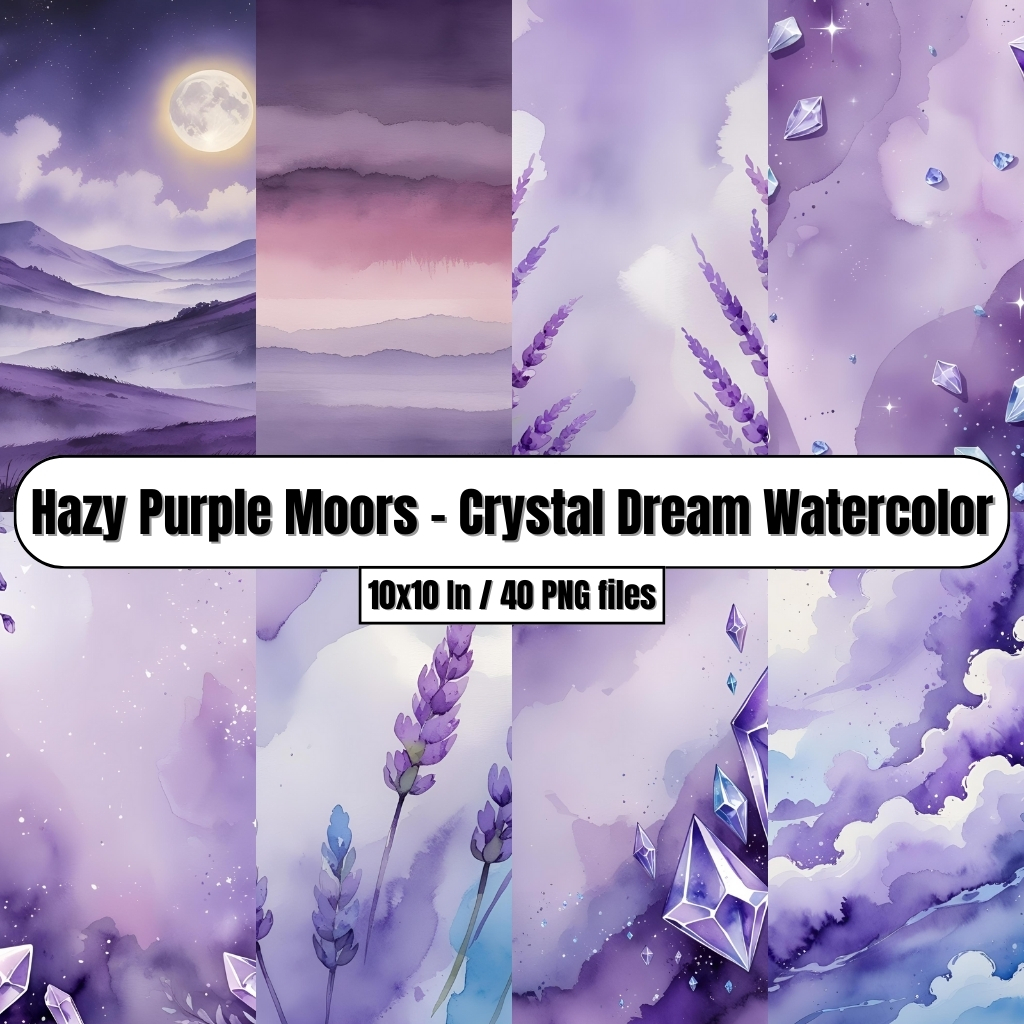 Hazy Purple Moors – Crystal Dream Watercolor Digital Paper Backgrounds