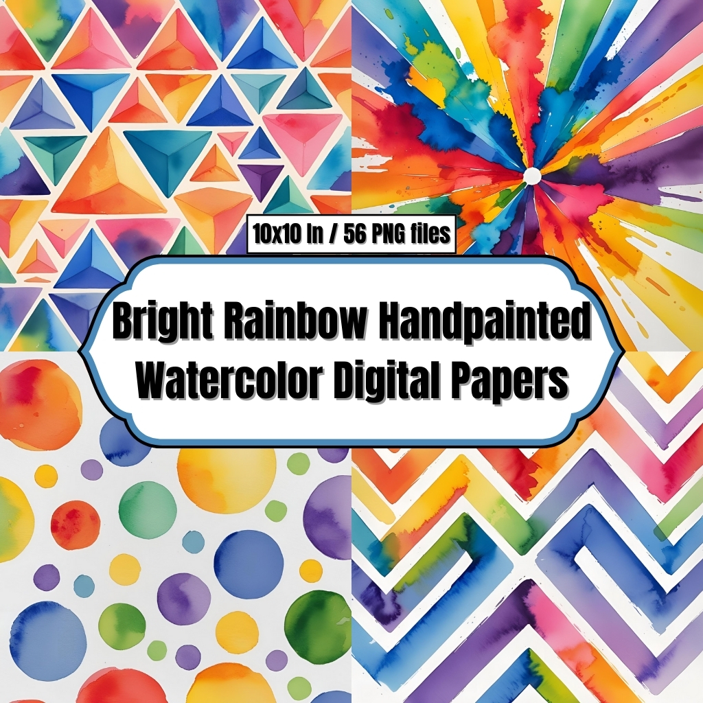 Bright Rainbow Handpainted Watercolor Digital Papers – Digital Clip Art
