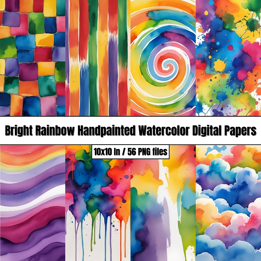 Bright Rainbow Handpainted Watercolor Digital Papers – Digital Clip Art