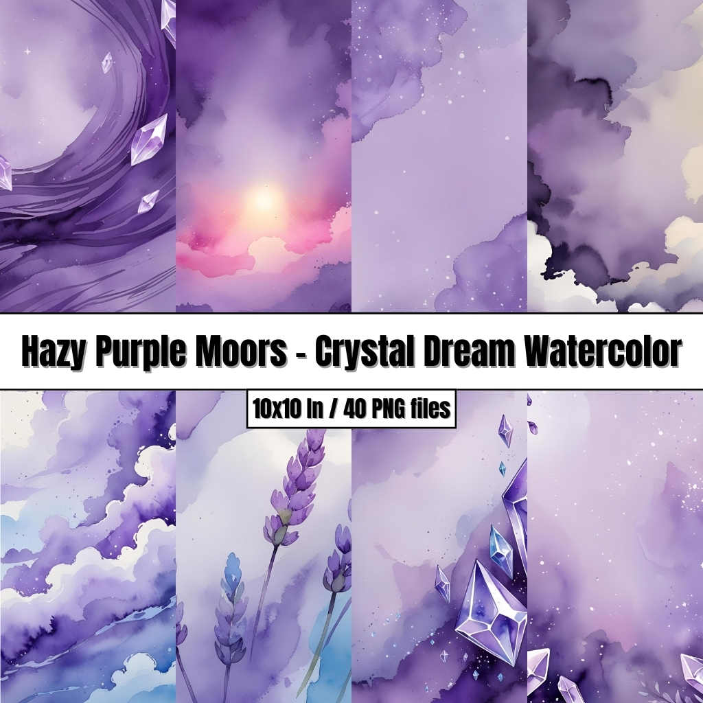 Hazy Purple Moors – Crystal Dream Watercolor Digital Paper Backgrounds