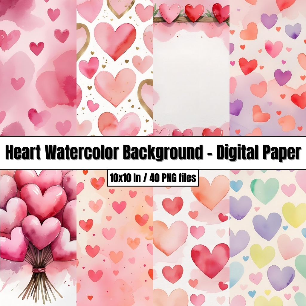 Heart Watercolor Background Templates – Digital Paper Valentines Day Clip Art