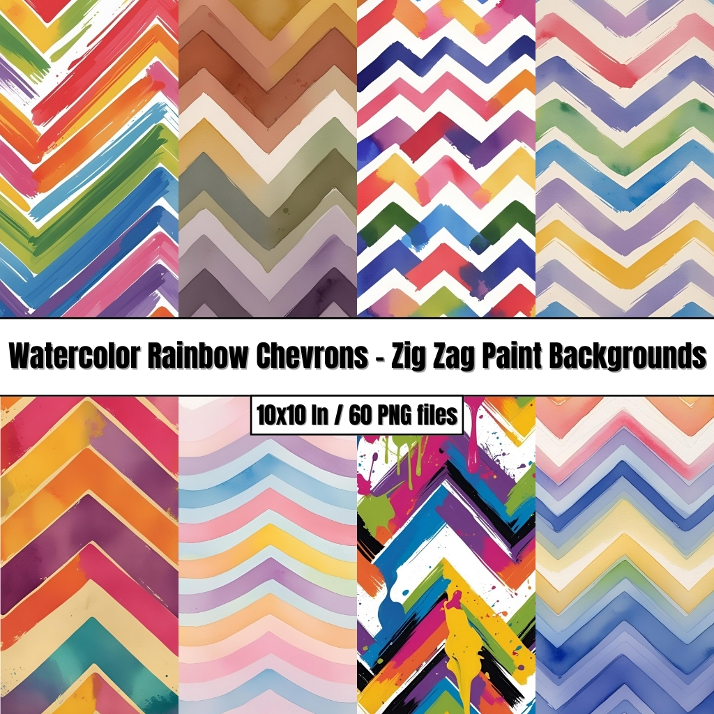 Watercolor Rainbow Chevrons – Zig Zag Paint Backgrounds Digital Papers Clip Art