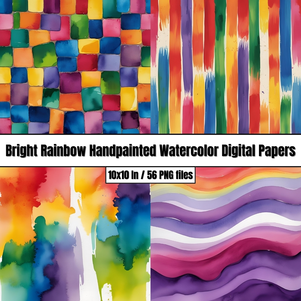Bright Rainbow Handpainted Watercolor Digital Papers – Digital Clip Art