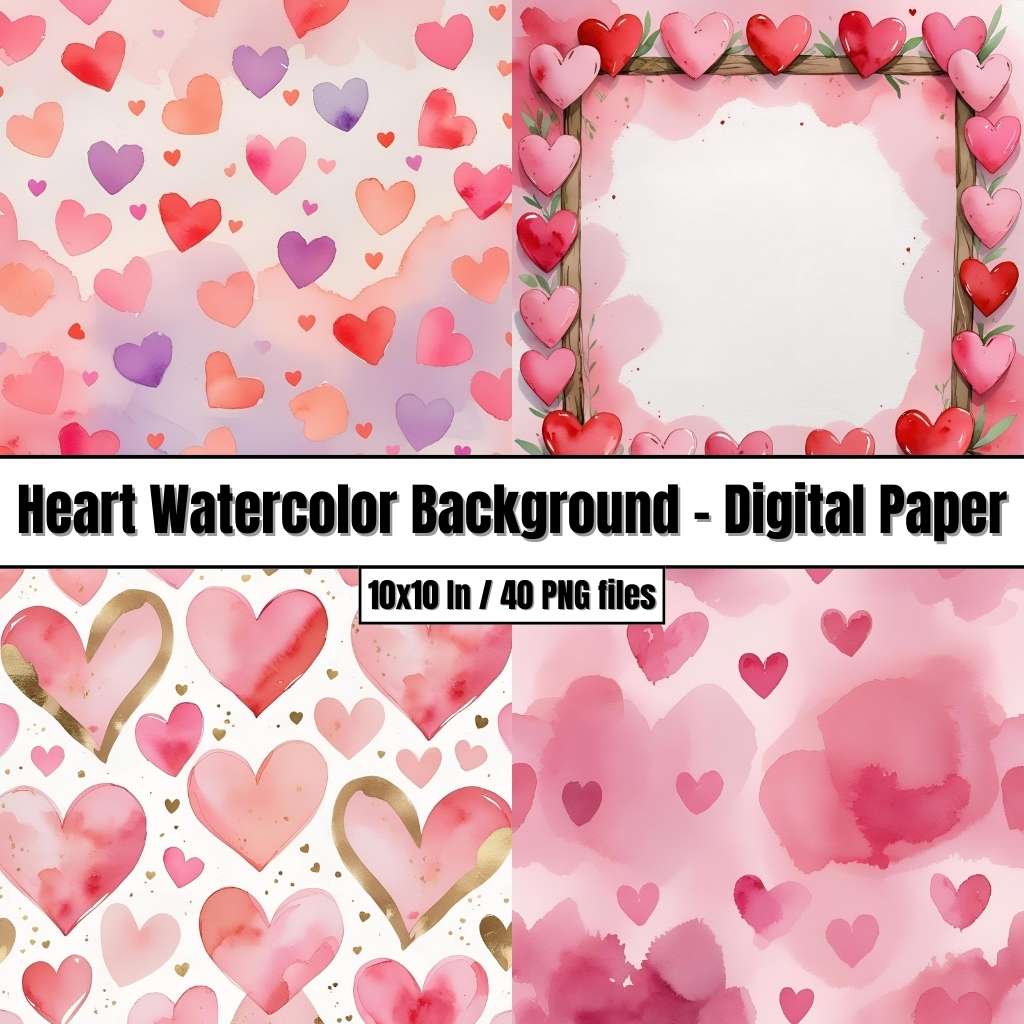 Heart Watercolor Background Templates – Digital Paper Valentines Day Clip Art