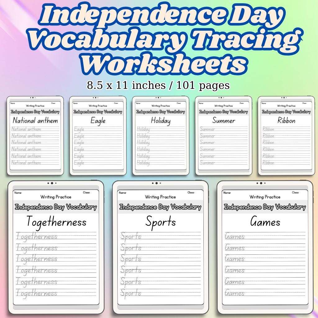 Independence Day Vocabulary Tracing Worksheets