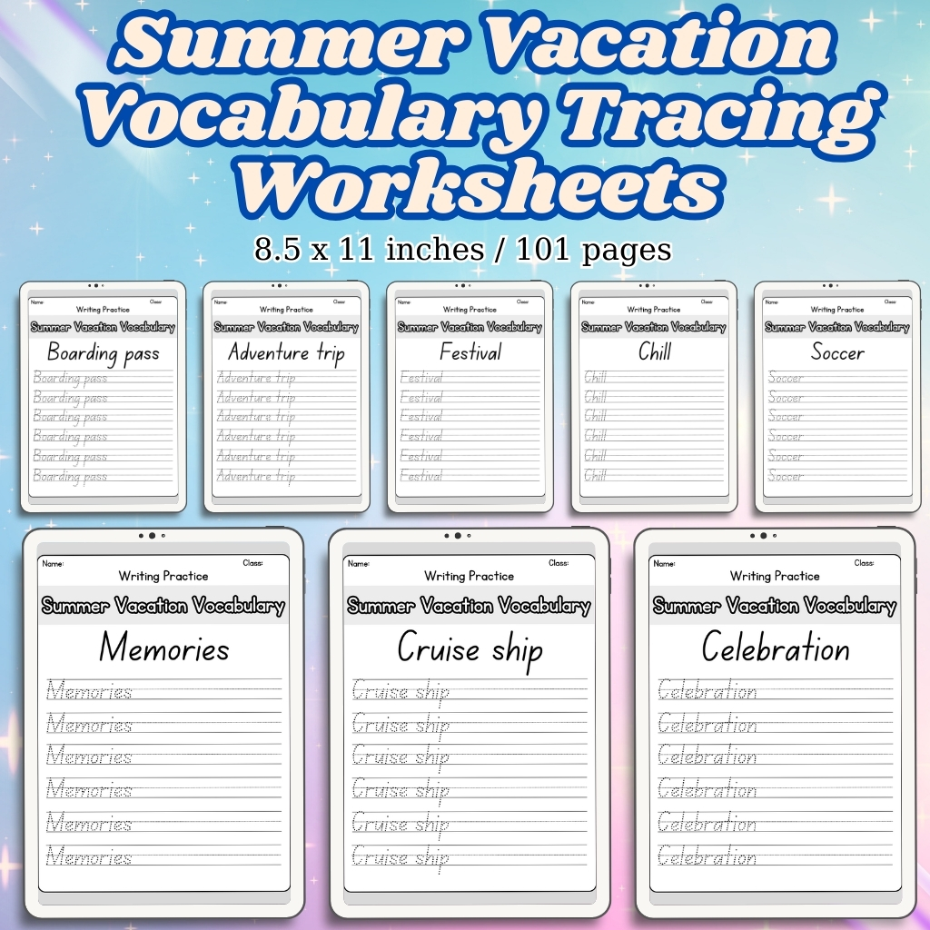 Summer Vacation Vocabulary Tracing Worksheets