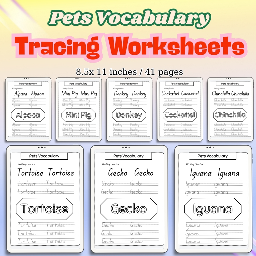 Pets Vocabulary Tracing Worksheets