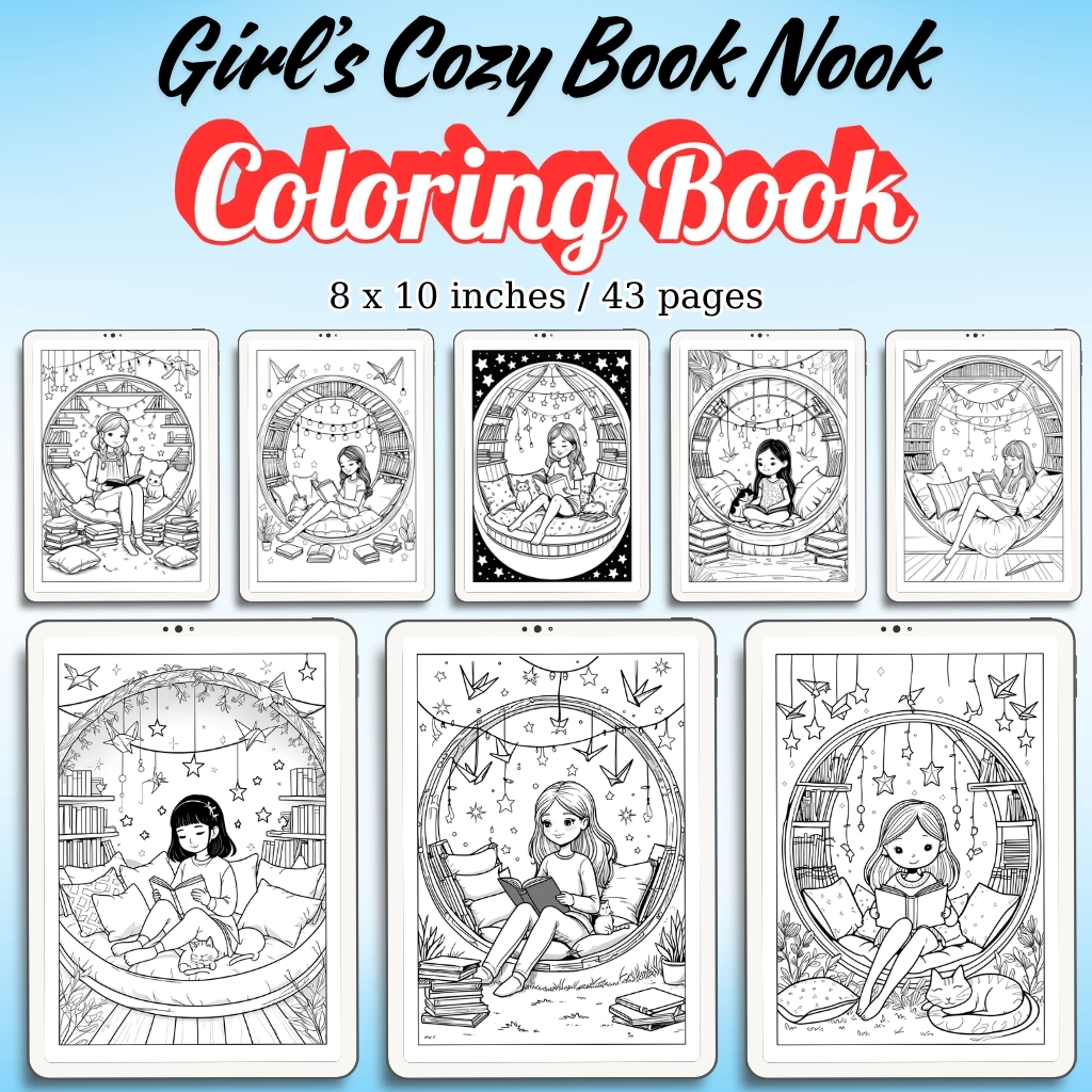 Girl’s Cozy Book Nook Coloring Pages / Sheets of Girl’s Cozy Book Nook {Coloring Book}