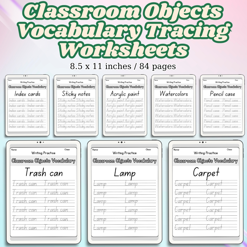 Classroom Objects Vocabulary Tracing Worksheets