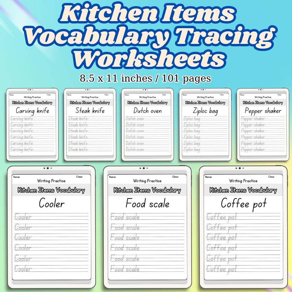 Kitchen Items Vocabulary Tracing Worksheets