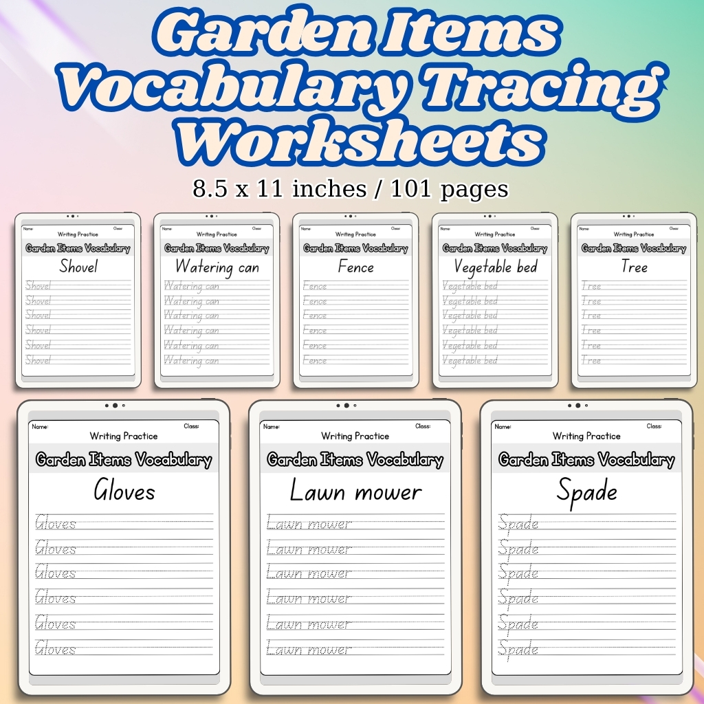 Garden Items Vocabulary Tracing Worksheets