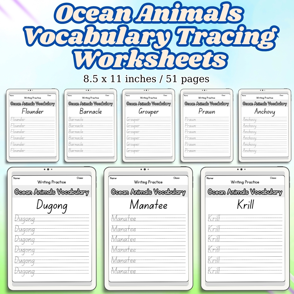Ocean Animals Vocabulary Tracing Worksheets