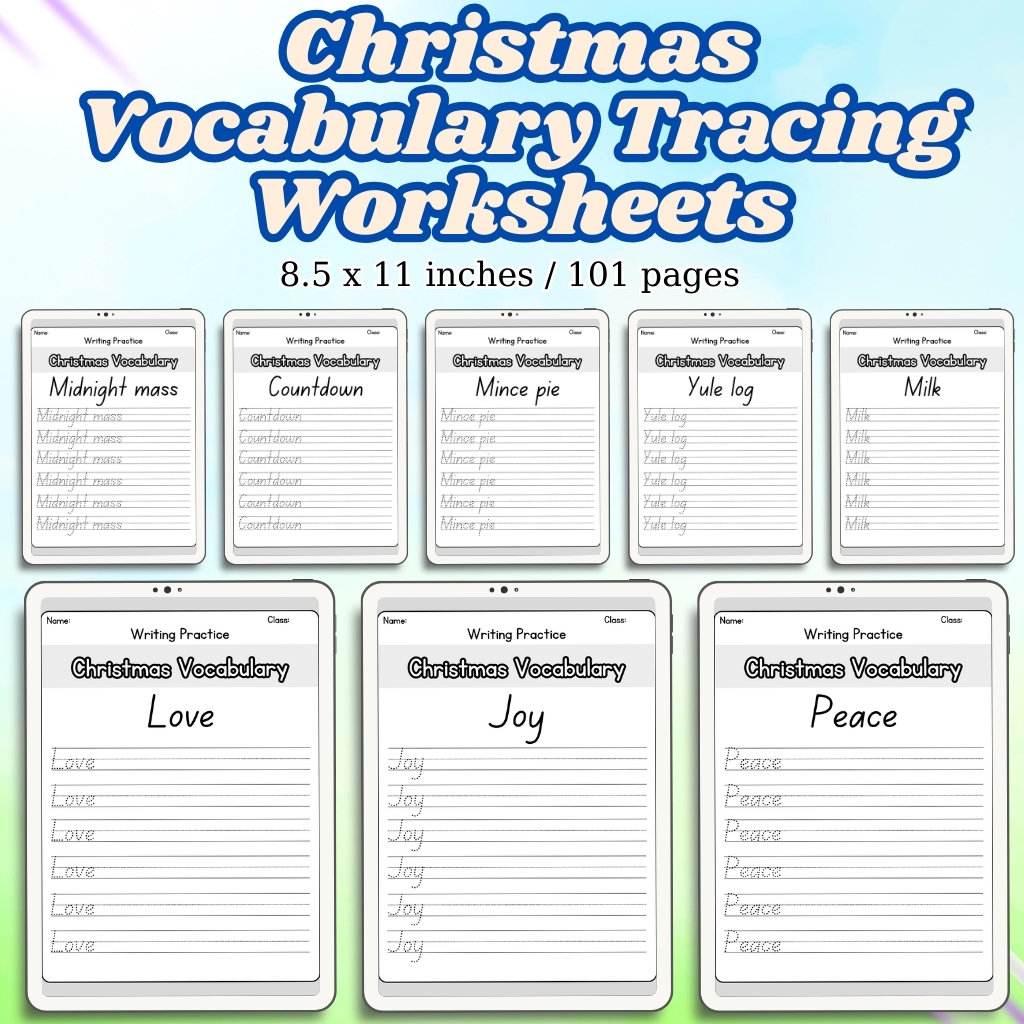 Christmas Vocabulary Tracing Worksheets